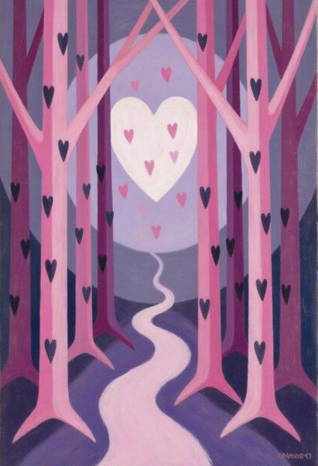 mawo1 painting.
A painting of a spring night scene in a forest. The artwork features a stylized, minimalist representation of tall, slender tree trunks with textured bark, predominantly in shades of dark pink and purple. violet ground with long tree shadows. The trees are arranged vertically, creating a sense of depth and density. Their bark is depicted with small, dark hearts, giving them a unique, almost quilted appearance. There is a full heart shaped moon behind. Tiny hearts are falling from the sky