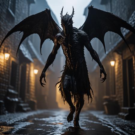 highly detailed  photo of a nightgaunt flying in a dark medieval alley, 
walking, dark alley, (((indoors)), wings,
night,


realistic, depth of field, blurry background,


photorealistic,
horror, eerie,
silhouette lighting,


