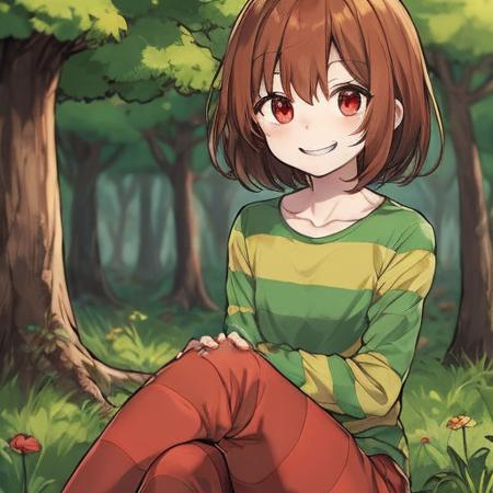 chara undertale red eyes brown hair short hair striped shirt