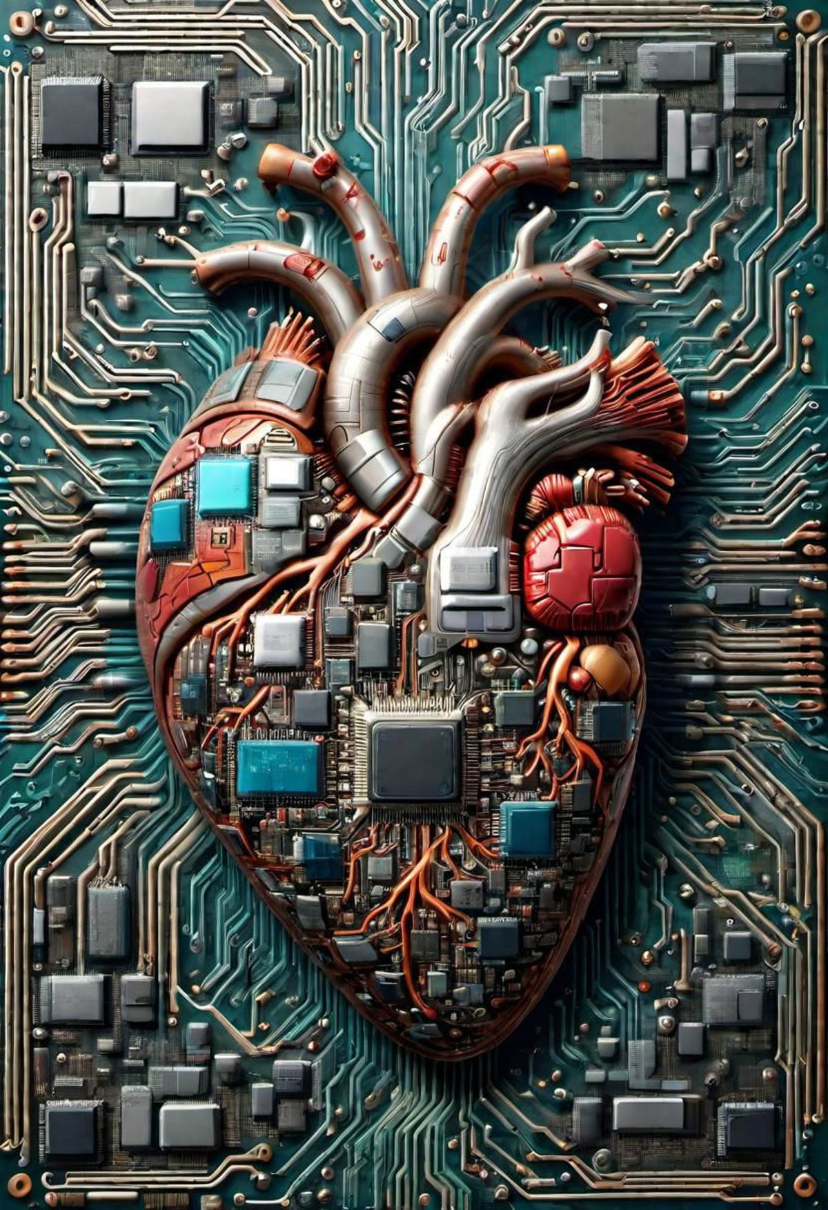A heart made out of computer parts and wires.