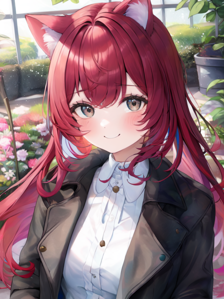 1girl, cat ears, coat, red gradient hair, multicolored hair, cat ears, upper body, smirk, blush, garden