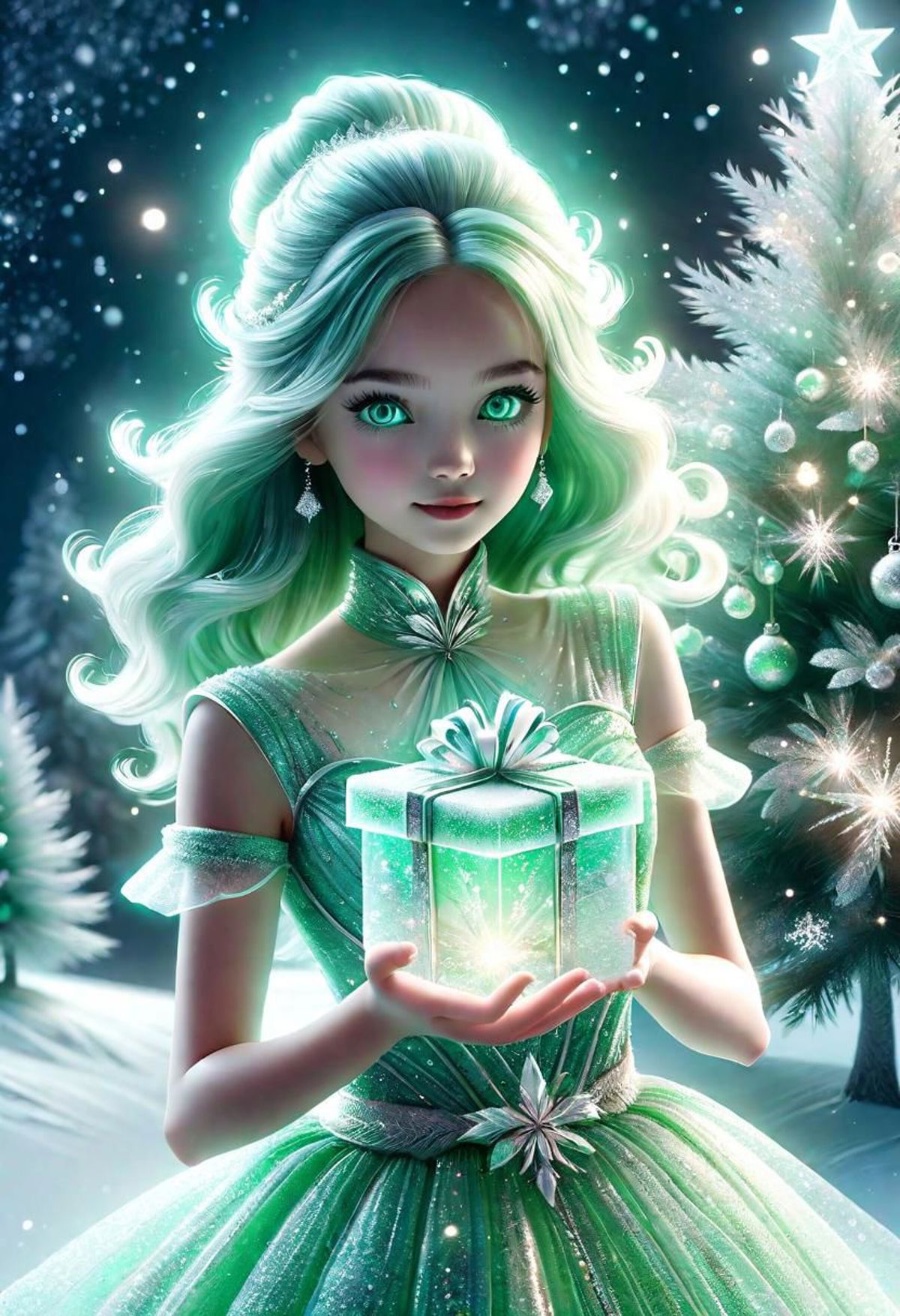An Elf Girl with Green Hair and Eyes Holds a Green Gift Box.