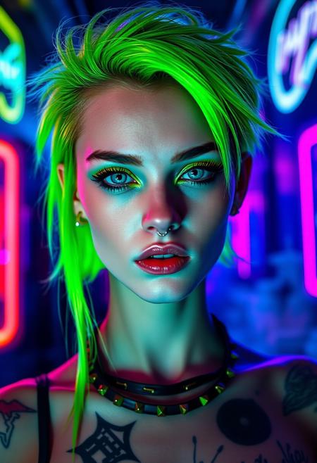 A vibrant, futuristic portrait of a striking woman with neon green hair, styled in edgy, jagged layers that frame her flawless, porcelain skin. Her eyes are an electric blue, glistening with an otherworldly glow, accentuated by bold, metallic green eyeshadow that reflects the cyberpunk aesthetic. The scene is set in a dimly lit, high-tech underground club where holographic lights cast shimmering patterns on the walls. Her nose is adorned with an intricate septum ring, and her neck is wrapped in a studded, leather choker that gleams under the flickering neon signs. The background is a blur of deep blues and purples, with hints of electric pinks, creating a dynamic contrast against her vivid green hair. The atmosphere is intense and enigmatic, with subtle hints of vapor wafting through the air, adding a sense of depth and mystery to the scene. The lighting is a mix of soft, ambient glows and sharp, reflective highlights that bring out every detail in her tattoos and piercings, making her appear as a futuristic muse in a cybernetic dreamscape.