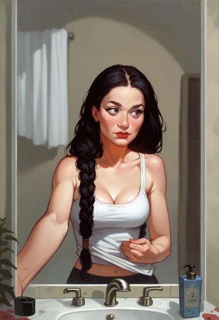 score_9, score_8_up, score_7_up, score_6_up, score_5_up,   <lora:fr4z3XLP:1> fr4z3,  1girl, long hair, braids, black hair, white tank top, cleavage, holding clothes, mirror selfie, bathroom, indoor, casual, looking to the side