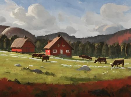 A red wooden cottage house with white details, in a forest clearing, huge field and hills with trees in the background, Swedish landscape with a herd of cows, Civ6BG painting style <lora:Civ6BG-000009:1>