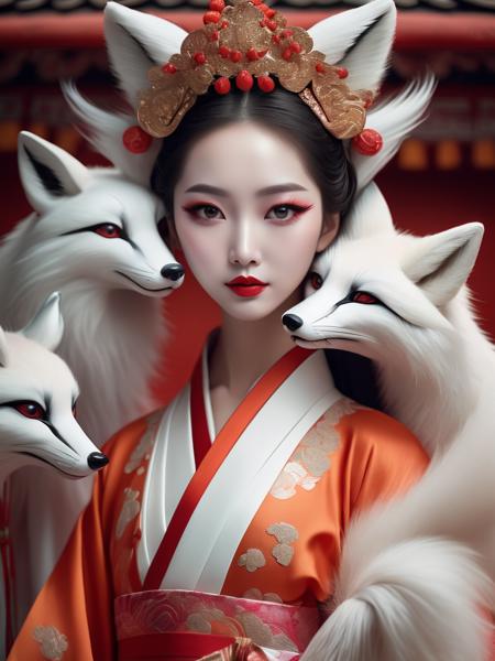 A coquetty woman, with large eyes and a gorgeous Hanfu, fits the description of the fox goddess Daji in the ancient Chinese myth "The List of Deities." Behind him is an abstract white fox with nine tails (Beijing Opera facial makeup style), a full-body shot that blends tradition and modernity<lora:neg4all_bdsqlsz_xl_V6:1> <lora:Movecolor_Foxgirl_V1.0:0.4>