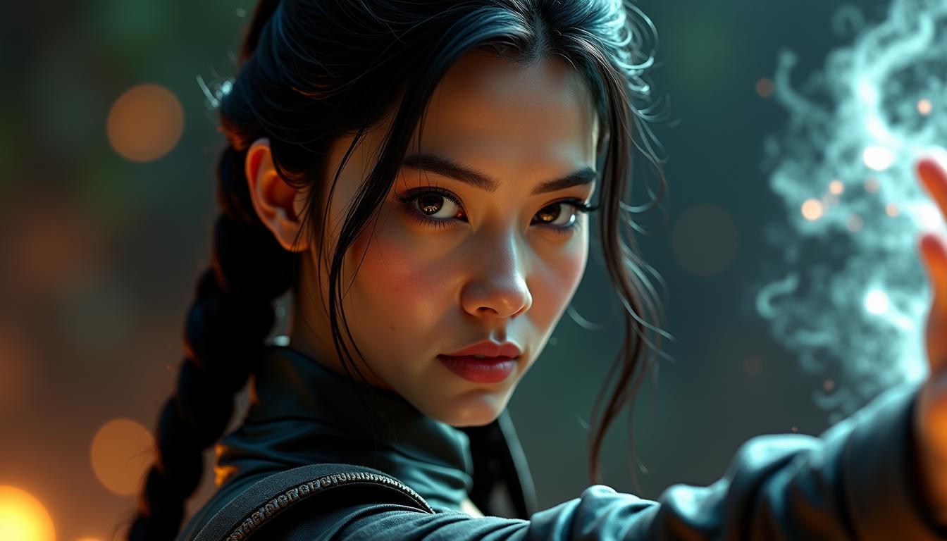 A hyperrealistic, close-up portrait of a fierce Filipina warrior with long, flowing black hair tied into a sleek braid, her brown skin glowing under sharp, high-contrast lighting. Her piercing yellow eyes exude strength and determination as she raises her hand, summoning a wave of ghostly spectral energy that casts a faint, eerie glow behind her. She wears intricately detailed, form-fitting leather armor adorned with extraordinary elements that blend elegance and power. The scene radiates an intense energy, with dynamic lighting and sharp shadows highlighting her face and refined features. The ethereal energy swirls around her, barely visible but creating a sense of otherworldly power. The composition is filled with hyper-detailed textures, from her armor to the glowing energy, creating a cinematic and immersive atmosphere. The entire scene embodies strength, grace, and the mystique of a powerful warrior in action.