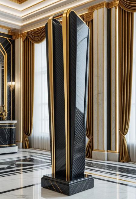 cf_style, carbon fiber modern art sculpture, gold trim, on marble pedestal, art deco, retro style, rich mansion interior, masterpiece, best quality, highly detailed, high resolution, absurdres