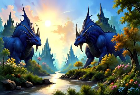 Alien river valley landscape in the style of Roger Dean, fantastic towering spires with graceful curves arching up into the sky, (Rodney Matthews:1.9), alien creatures, abundant strange foliage, high contrast, vibrant colors, (chiaroscuro:1.9), ultra resolution, dramatic lighting casting shadows and highlights