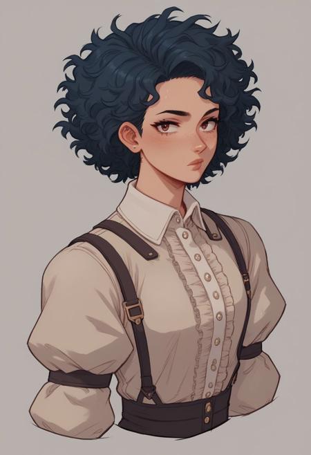 score_9,score_8_up,score_7_up,score_6_up,young hot woman, wearing a beige jumpsuit, dark red puffy sleeve shirt, dark academia, light blue short curly hair, puff sleeves, countryside style, vintage outfit, classy jumpsuit, trouser suit, feminine, elegant