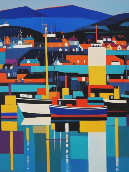 <lyco:RaimondsStaprans:1.0> 102037. A painting by Raimonds Staprans. A painting of Mallaig Harbour at night captures the enigmatic beauty and bustling activity of this Scottish harbor on the west coast through an engaging fusion of Cubist and Fauvist styles. The lively waterfront, lined with fishing boats and illuminated by the soft glow of harbor lights, is depicted using bold, fragmented shapes, while the surrounding hills and dark sea are rendered in deep hues of blue, purple, and black. The scene conveys a sense of maritime industry and coastal charm, reflecting the essence of Mallaig Harbour at night.