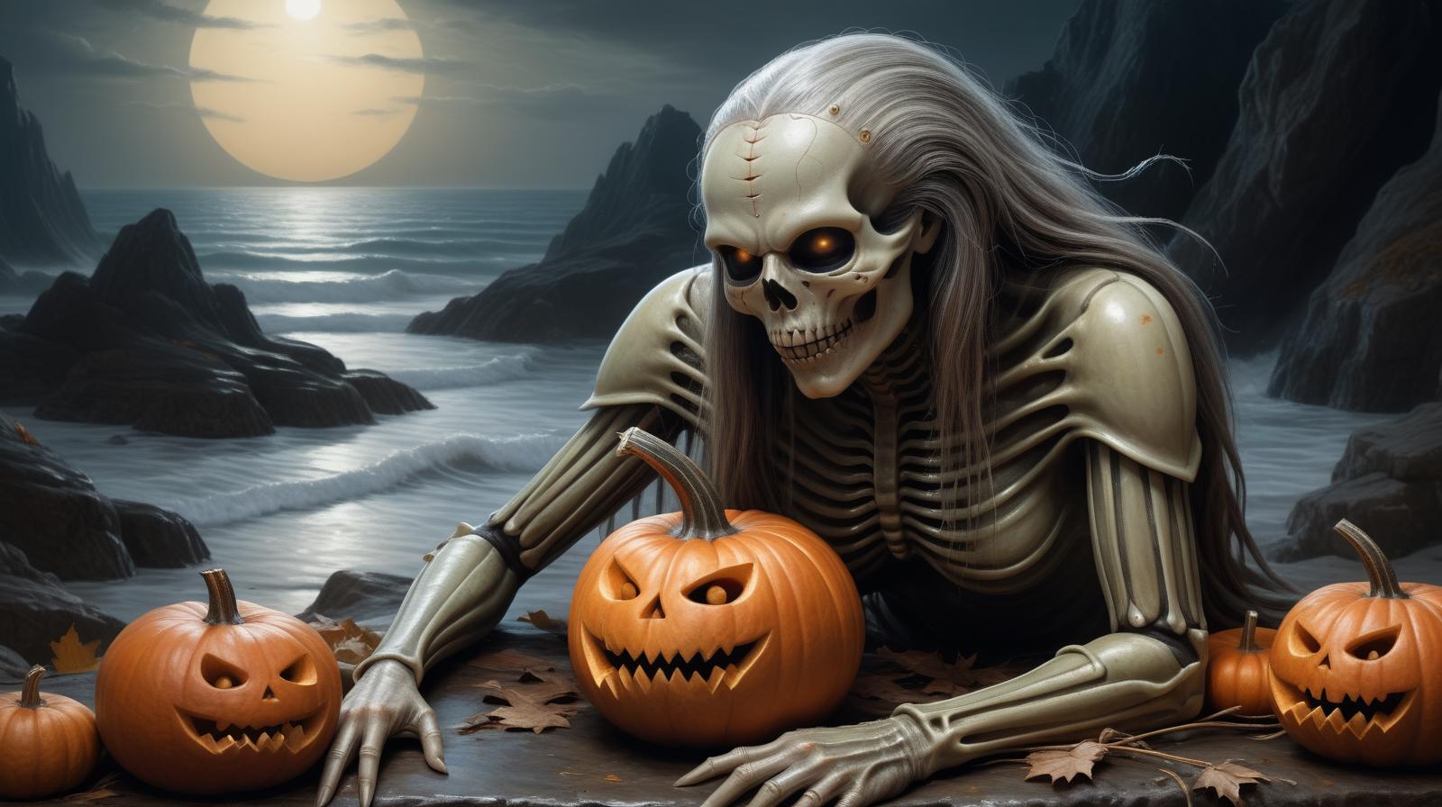 (undead pumpkin, in the style of by H.R. Giger, Ultra detailed, UHD, 16k) (Oil painting) (by Jean-FranÃ§ois Millet), (by Gustave Courbet), (by Jules Breton)