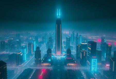 futuristic city, tron, neon, grid, retrowave, megalopolis, distant city, plain, skyscraper in the middle, cyan, night, fog, tron legacy,