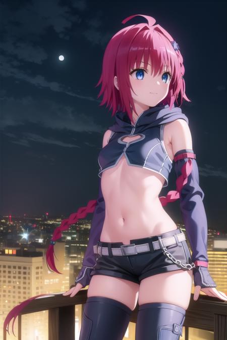 meakurosaki, <lyco:mea kurosaki darkness-lyco-nochekaiser:1>,
mea kurosaki, ahoge, blue eyes, braid, hair intakes, hair ornament, long hair, red hair, hair braid, smile,
BREAK gloves, navel, boots, detached sleeves, shorts, fingerless gloves, black shorts, crop top, clothing cutout, hood,
BREAK outdoors, night, sky, city, moon, star \(sky\),
BREAK looking at viewer, (cowboy shot:1.5),
BREAK <lyco:GoodHands-beta2:1>, (masterpiece:1.2), best quality, high resolution, unity 8k wallpaper, (illustration:0.8), (beautiful detailed eyes:1.6), extremely detailed face, perfect lighting, extremely detailed CG, (perfect hands, perfect anatomy),