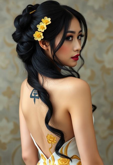 a gorgeous 25 years old asian woman, very pale skin, black very long hair in elegant updo with yellow lotus flower hairpins, long black eyelashes, black mascara, black eyeliner define her big beautiful dark green eyes, golden glittering eyeshadow, luscious sensual pink glossy lips, rouge, sexy curves, big breasts, very long elegant white dress with golden flower pattern, turns her head at viewer elegantly, back large tattoo with lotus flowers, hides her nudity by showing only the back