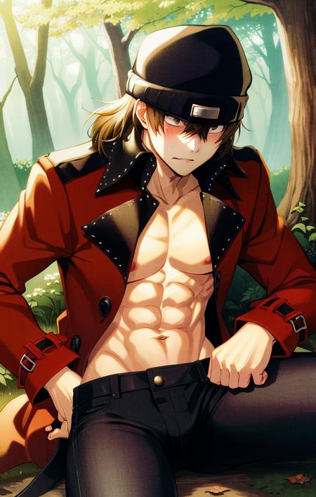 <lora:ShinjiroAragakiPersona1:1> soft lighting, best quality, outdoors, forest, dappled light, laying against tree, open red trenchcoat, shirtless, (abs:0.9), black pants, shinjiro aragaki [persona], male focus, beanie over eyes, solo, embarrassed expression