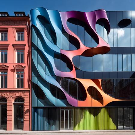 a photo of a modern shop building with the colored facade in organic shapes and forms in the style midjor, epic sky, <lora:theovercomer8sContrastFix_sd15:0.5>   <lora:Midjor_Style_V1:1>