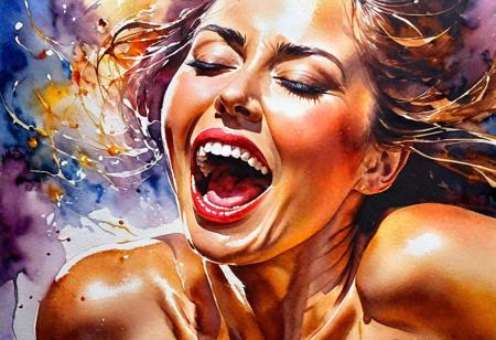watercolor painting by (anatoly metlan, chung shek), closeup of a face of a happy woman having the ultimate orgasm; violent climax, urgent release of tension