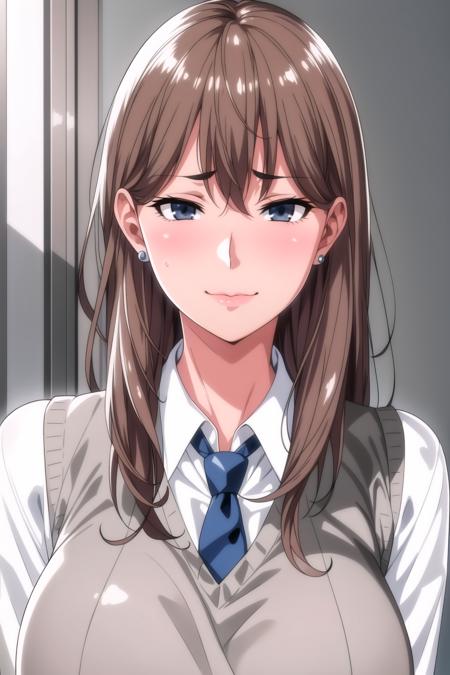 Simple White Background,
(Grey_vest:1.3),school_uniform,white_collared_shirt,sleeves_rolled_up,Blue_necktie,pleated skirt,
<lora:Chiaki_WannaSee-V2:0.7>,ear_piercing, earrings, jewelry,
brown_hair,Blue_Eyes,Bangs,long hair ,
<lora:Oda_Non_Style-KK77-V2:0.3>,<lora:more_details:0.1>,
1 girl, 20yo,Young female,Beautiful Finger,Beautiful long legs,Beautiful body,Beautiful Nose,Beautiful character design, perfect eyes, perfect face,expressive eyes,perfect balance,
looking at viewer,(Focus on her face),closed mouth, (innocent_big_eyes:1.0),(Light_Smile:0.3),
official art,extremely detailed CG unity 8k wallpaper, perfect lighting,Colorful, Bright_Front_face_Lighting,White skin,
(masterpiece:1.0),(best_quality:1.0), ultra high res,4K,ultra-detailed,
photography, 8K, HDR, highres, absurdres:1.2, Kodak portra 400, film grain, blurry background, bokeh:1.2, lens flare, (vibrant_color:1.2),professional photograph,
(Beautiful,large_Breasts:1.4), (beautiful_face:1.5),(narrow_waist),