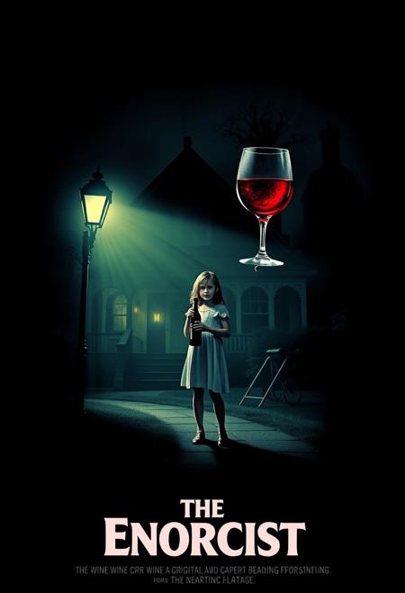 Design a parody movie poster titled The Enorcist, a humorous twist on The Exorcist. Imagine the iconic dark, eerie vibe of the original poster, but with a comical twist: instead of a demonic possession, the story is about a young girl cursed to drink wine for eternity. The poster should have an unsettling, atmospheric look, with dim lighting and shadows, similar to the original 1973 poster.
In the scene, show a girl standing under a dim street lamp outside a spooky house, holding a bottle of wine. The wine spirit possesses her, maybe symbolized by a faint aura or a sinister, red-glowing glass hovering near her. Add subtle wine-themed details (like a corkscrew or wine bottle shadow) to keep it humorous yet creepy. The title, The Enorcist, should mimic the original typography for an authentic touch.