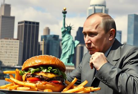 Vladimir Putin eating a burger with fried potatoes in New York, outside, the Statue of Liberty, realistic, ultra-detailed, highly detailed,