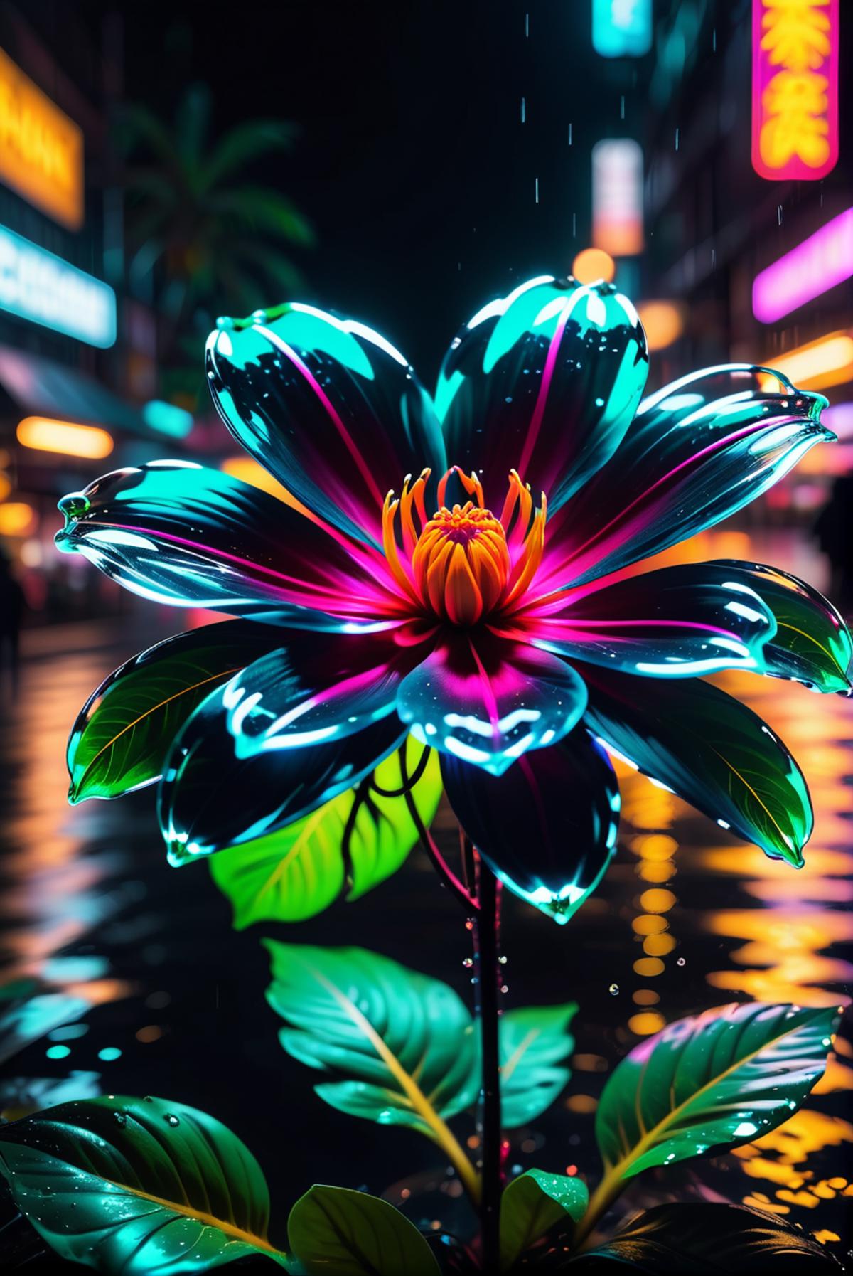 A colorful neon flower with yellow petals and purple center.