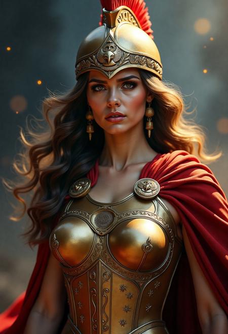 A powerful waist-up portrait of a divine warrior woman, reimagined as a modern embodiment of Athena or Diana, glowing with ethereal gravitas. She wears a gleaming bronze chestplate embossed with ancient sigils—owls, crescent moons, and labyrinthine keys—crafted to accentuate both strength and femininity. Her full-face Corinthian helmet, burnished and radiant, is slightly tilted back to reveal a chiseled visage: luminous olive-toned skin, deep-set dark eyes adorned with smoky eyeshadow, and bold red lips that smolder with silent authority. Her thick, wavy hair flows in strands of dark gold and midnight, caught in a celestial breeze that stirs the edges of her crimson cape. The background is an abstract tapestry of shadows and stormlit textures—blues, blacks, and muted golds—evoking chaos and divinity. Subtle embers and sparks float around her, adding a touch of mythic fire. The overall style is photorealistic with a movie-poster gloss finish: ultra-sharp detailing, lens flare highlights, and high-contrast cinematic lighting that bathes her in a divine, battle-hardened aura