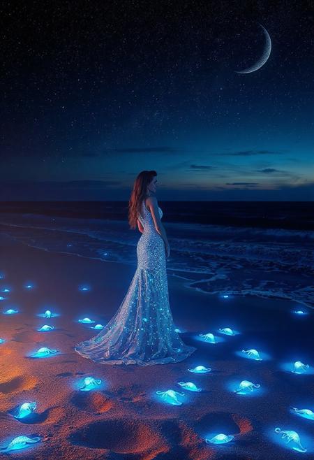 woman and a long dress made of fractals, a beach at night with bioluminescent stars and waves, a starry sky, glowing blue sea creatures on the sand, a crescent moon in the background, and an ocean flowing into the distance, the scene is peaceful yet mysterious, with the glow of fireflies adding to its ethereal beauty, 3d illustration, glitter, glow, ruby shine, opal, lumen, fractal, ultradetallization, 128k, HDR