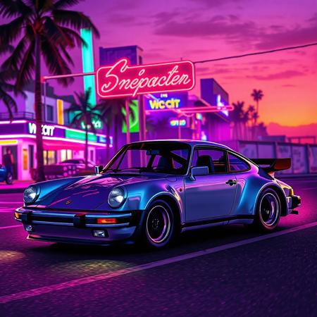 Create a 80's themed vibe of a classic Porsche 911 turbo driving through the vice city stip with a lot of neon lights, very colorful and a beach on the other side, 
Purple lights, pink lights, green lights, blue lights, 