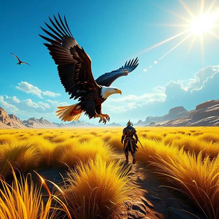 Soaring high above the endless savannah, a noble Bald Eagle rides the currents with effortless grace. Wingspan stretched to the utmost, taloned feet tucked neatly behind, he cuts a striking silhouette against the azure firmament. Beneath those piercing yellow eyes, a hapless Hare darts hither and yon, bounding desperately across the waving grasses.
Golden beams of Solarian light lance downward, stretching the shadows cast by prey and predator alike until they seem to merge with the horizon. Each beat of the mighty wings propels the hunter closer to his quarry, who leaps and veers in a futile attempt to evade certain doom. Against the vast openness of plains and sky, the drama plays out in stark relief, a timeless dance of death and survival enacted since Time immemorial.
3d-rendering, concept-art, digital, dreaminess, futuristic, multimedia, virtual-reality, 
eeriness, fantasy, other-worldliness, science-fiction, surreal, 
colorful, sci-fi style, technological, alien worlds, space themes, advanced civilizations, 
best quality, masterpiece, aesthetic, intricate details, highly detailed, ultra-detailed, absurdres, unreal engine, octane rendering, high contrast, vivid, vibrant, volumetric lighting, sharp focus, 
tearStyle2