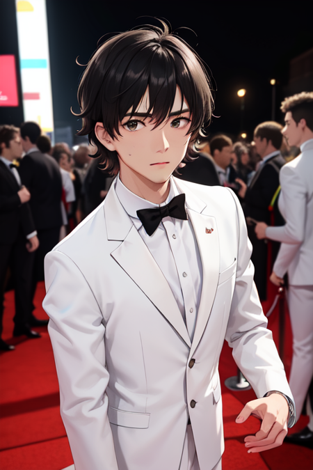 male focus, white tuxedo, black hair, masterpiece, absurdres, red carpet, messy hair, photo flashes