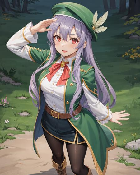 best quality, (masterpiece:1.2), illustration, absurdres,
(1girl, solo), (beautiful detailed girl),
<lora:Aeolia-07:0.7>, Aeolia, lilac hair, long hair, red eyes, medium breasts,
 green hat, hat with feather ornament, green dress, green coat, 
green outfit, black_pantyhose, white shirt, brown shorts, fleece lined boots, brown boots,
desert, mesas, sun, sky,,
ojou-sama pose,
from above,
looking at viewer, happy