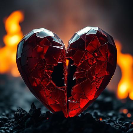Close-up shot of a red shattered glass heart, bisected along its central axis, revealing a dark, ominous core. Soft, golden light pours down from above, bathing the scene in a warm, ethereal glow. The surrounding environment is a blurred haze of black lava and flames and ash, adding depth and mystery to the composition. The level of detail is meticulous, with each shard of glass and every texture rendered in high definition.