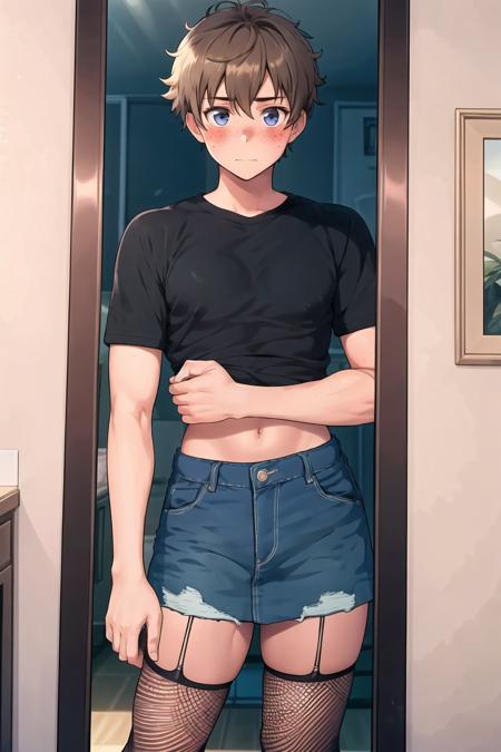 <lora:noyrv4:0.7> short denim skirt, blush, short hair, freckles, male focus, detailed eyes, penis, short hair, blush, light brown hair, fishnets, black crop top, looking at viewer, afternoon light, bedroom, tall mirror, selfie, reflection selfie