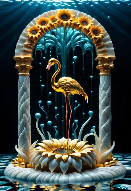 A surreal scene featuring a liquid marble flamingo and a sunflower crafted in radiant white and gold, set in the mythical underwater city of Atlantis. The flamingo stands gracefully, its body a flowing, polished marble texture with shimmering veins of gold, melting and dripping into the environment. Geeky symbols, such as faint circuit patterns and pixel designs, are subtly etched into its surface. The sunflower beside it features liquid gold petals that cascade like molten streams, its stem a sleek marble column with fluid details. Atlantis surrounds them, depicted as a fantastical underwater city of white and gold marble, with grand arches, coral-encrusted pillars, and ancient ruins glowing softly in the ocean's light. Ethereal bubbles float upward, reflecting the light, and schools of glowing fish swim in the distance. The entire scene is bathed in a luminous, otherworldly light, blending the reflective surfaces of marble and the gentle shimmer of underwater rays.
