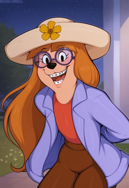 StaceyGM furry, anthro, female canine, braces, purple round glasses, black nose, black eyes, orange hair, long hair, white hat, flower on hat, purple jacket, long jacket, red shirt, brown pants tailless