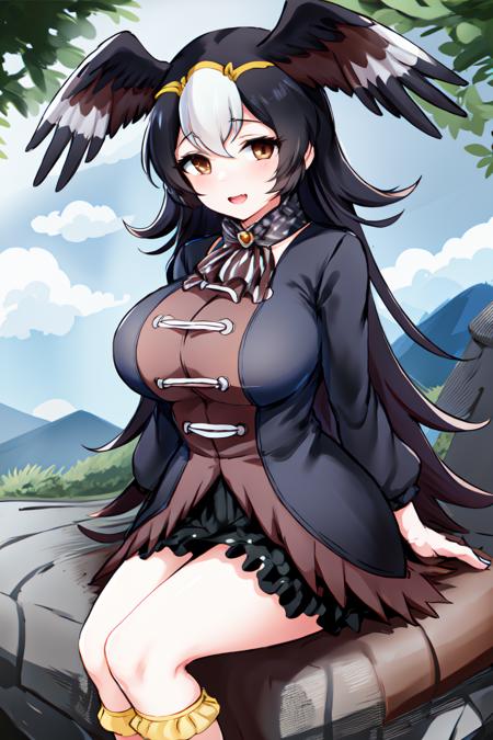 <lora:StriatedCaracaraKemonofriends_Falklandcaracara:0.7>,CARACARA
1girl,solo,masterpiece, best quality, high quality,delicate facial features,mishoujo,hyper_detail,game cg, finely detailed beautiful eyes and detailed face,lustrous skin,colorful
striated_caracara_(kemono_friends), bird wings, multicolored hair,  black hair,brown hair,white hair, blonde hair,long hair, head wings, bird girl, bird tail,brown eyes, (huge breasts:1.2),
multicolored clothes, socks, black jacket,frills, skirt, scarf, yellow footwear, yellow socks,  long sleeves, shoes, bowtie, bow,pleated skirt,  striped
(looking at viewer:1.5), (sitting:1.3), (cowboy shot:1.4),blush,smile,open mouth,
(field:1.4), (blue_sky:1.2),cloud,mountain