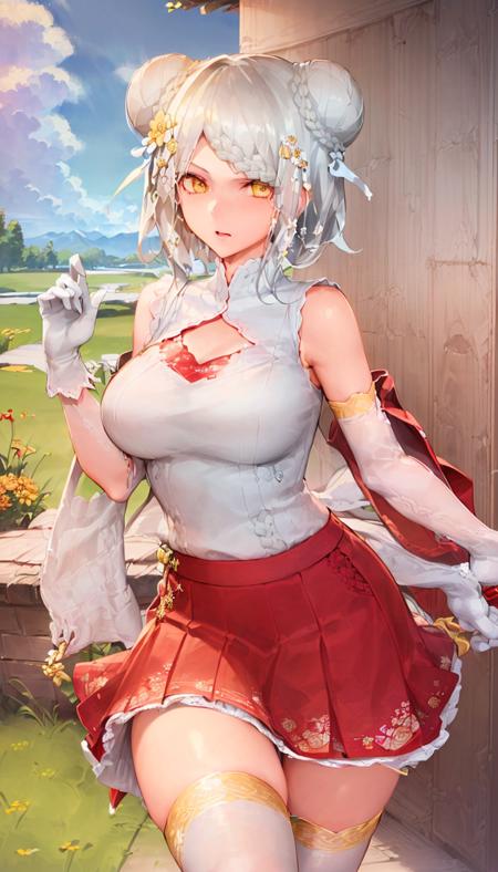 (((highly detailed, extremely detailed CG unity 8k wallpaper, illustration, highres, absurdres, beautiful detailed eyes, finely detailed breasts, highly detail hair)), ((masterpiece))
outdoors,sky,cloud,grass,
((beautiful detailed eyes)),
1girl,solo,chongqing
pov crotch
cowboy shot, 
bangs,closed mouth,medium breasts,braid,yellow eyes, white hair,double bun,breasts, 
gloves, thighhighs, hair bun, elbow gloves, white thighhighs,white gloves, hair ornament, shawl,side slit, dress, braided bun, sleeveless,(floral print), pelvic curtain, skirt, red skirt, shoes, red footwear, alternate costume,braided bun, bare shoulders, braided bangs, (clothes fur trim:1.1), hair flower,
 <lora:chongqing-000004_1.0_quhuafeng:0.8>