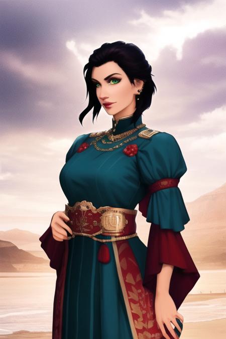 A solo woman depicted wearing traditional Earth Kingdom clothing and standing at a short height. The woman should have short, spiky black hair and piercing green eyes with a piercing and piercing gaze. She should be shown posing confidently and assertively, with her body posture and facial expression conveying her strength and determination. The lighting should be natural and atmospheric, and the overall aesthetic should be powerful and dramatic. The image should be rendered in a realistic style, using vibrant and lifelike colors and highly detailed textures. The composition should be dynamic and engaging, with the environment serving as the backdrop for the woman's traditional Earth Kingdom clothing and her confident and assertive pose.