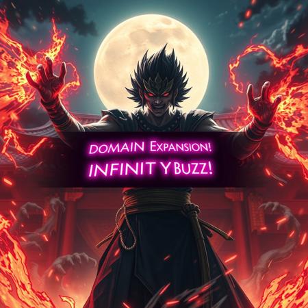 Ultra realistic.Ultra detailed,masterpiece,master_piece,8k,Score_9,UHD, Gojo Satoru in his domain expansion realese pose ready to unleash his power,surrounded by a celetial aura of power and curse energy,  in front of a japanese temple under a full moon night,surounded by evil curses ready to claw away at him to end his life, yelling "Domain Expansion! Infinity Buzz! " text in neon purpure letters inside a text balloon