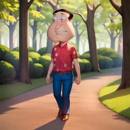 ((masterpiece, best quality)),(complex light), quagmire, solo, shirt, 1boy, standing, full body, short sleeves, collared shirt, red shirt, blue pants, <lora:TheGooder_Quagmire2-10:0.8>,brown shoes, walking, forest, big chin,