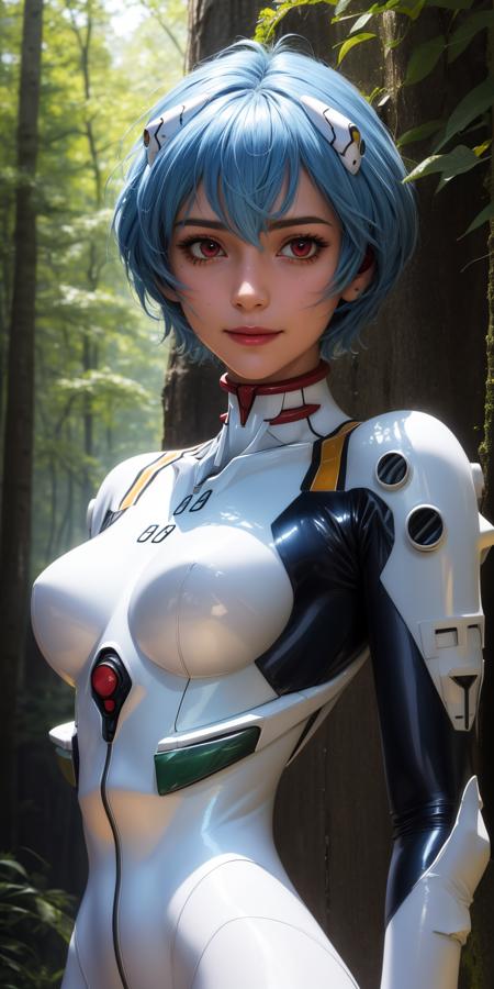 reiayanami, 1girl, solo, red eyes, light blue hair, short hair, bangs, hair between eyes, shiny hair, hair ornament, interface headset, headgear, bodysuit, plugsuit, white bodysuit, shiny clothes, bodysuit, plugsuit, black bodysuit, shiny clothes, school uniform, tokyo-3 middle school uniform, white shirt, short sleeves, blue skirt, suspender skirt, neck ribbon, red ribbon,