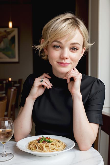 (CareyMulligan:0.9), first date, sitting across table, luxury restaurant, laughing, glass of wine, pasta dish, little black dress, masterpiece, quiet, pose, casual, (closeup on upper body)