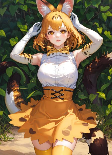 beautiful, masterpiece, best quality, realistic photo 1girl, serval,  blonde hair,  cat ears, cat tail, high-waist skirt, highres, kemono friends, large breasts, looking at viewer, orange eyes,  tail, thighhighs, w arms, white gloves, white shirt, yellow skirt, yellow thighhighs  <lora:my_ServalKemonoFriends_v1:0.6>