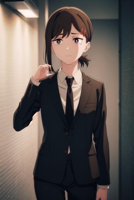 kobenihigashiyama, <lora:kobeni higashiyama s1-lora-nochekaiser:1>,
kobeni higashiyama, black hair, hair ornament, hairclip, mole, mole under eye, ponytail, short hair, (brown eyes:1.5),
BREAK black necktie, black pants, business suit, formal, long sleeves, necktie, pants, suit, 
BREAK indoors, office,
BREAK looking at viewer, (cowboy shot:1.5),
BREAK <lyco:GoodHands-beta2:1>, (masterpiece:1.2), best quality, high resolution, unity 8k wallpaper, (illustration:0.8), (beautiful detailed eyes:1.6), extremely detailed face, perfect lighting, extremely detailed CG, (perfect hands, perfect anatomy),