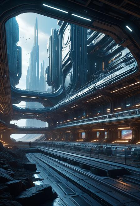 Beautiful architectural ruins of a desolated majestic futuristic technologically advanced cyberpunk scientist civilization in space, split into Nine Sections, each section is done by a different artist, Hyper detailed digital matte painting, beautiful landscape concept art, hyperrealism, 16k resolution, Cinema 4D, 8k resolution, trending on artstation, behance HD, a masterpiece, illustration render cinema octane x-particle HDR DLSR detailed sophisticated 16k Behance HD, Epic 3D Videogame Graphics, Intricately Detailed, refined, defined, follow negative prompts