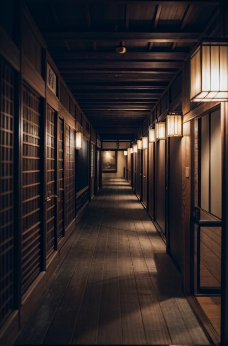 japaninterior, hallway, candle, night, dim light, ornament, mirror, ornate, detail, traditional, ceramic, painting, japan calligraphy, garden, wooden floor <lora:ARWJapanInterior:1>