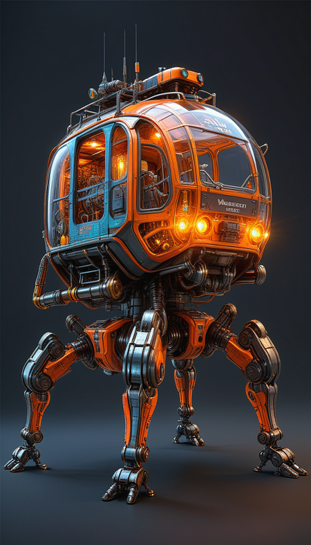 (in ARTIST style:1.4), (masterpiece:1.7), properly positioned, straight, glow orange neon,
View of buggy legged vehicle (science fiction texture, science fiction skin, someplastic, , dark background, dark background, english text, emblem, cable, retro, old style, device, wearable item (transparent:2), transparent skin, transparent texture, mecha, multi legged vehicle,transparent glass paint, mecha),
(masterpiece:1.8), (highest detailed:1.8), perfectly lighted, (contrast), (saturated), (((sharp focus))),
(hyperdetailed:1.3), (intricate details:1.2), (Refined details:1.3), (best quality:1.5), highly detailed textures, vibrant colors,
(ultra sharp focus:1.8), (detailed skin:1.8), (detailed edges:1.8), (thin lines:1.8), (best quality:1.8),
<lora:Apparatus_-_Traction_City_Walkers_Vehicles:0.7>,