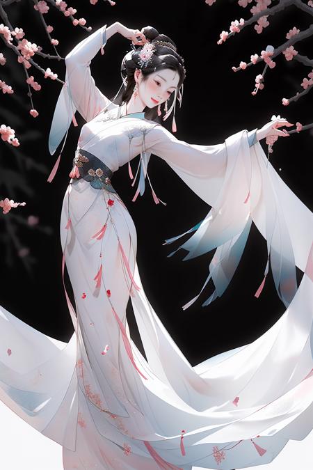 a girl(full body)  ,white | pink  dress ,dancing,  Plum Blossom ,sunlight,white background,    <lora:guofengmeizia:0.8>