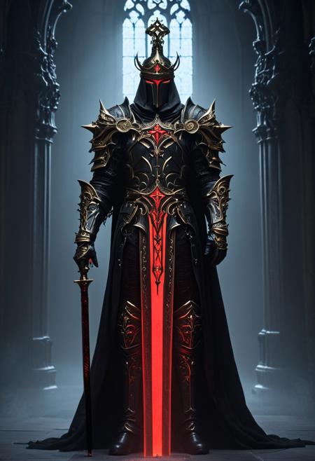 A dark and imposing figure stands in a majestic and dimly lit cathedral. The figure is clad in elaborate black Gothic armor adorned with gold-plated crosses and chains, holding a large sword in his hand (A red and black double-bladed sword with an ominous aura), giving off a religious yet sinister impression. His helmet is tall, almost bishop-like, with a faceless visor that does not reflect light, adding to the air of mystery. The figure holds a menacing staff, with a design of a spiked circular cross on top, which looks both ceremonial and like a weapon. The details of his armor include ornate carvings and mechanical components, blending medieval design with a futuristic, almost steampunk aesthetic. The atmosphere is solemn, with the dim, ethereal light from the cathedral's tall windows casting a cold glow on the dark figures, emphasizing the contrast between the shadows and the metallic details. <lora:Magic_of_Art_(FLUX).safetensors:1.0>, <lora:BeautyInEvilFlux.safetensors:0.75>,